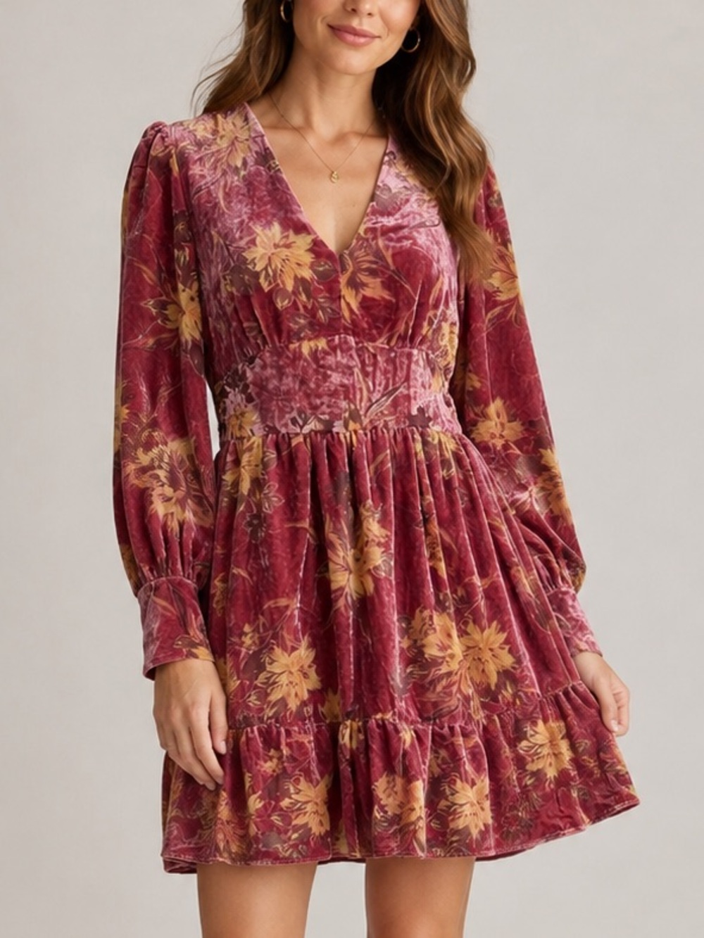 Fate Floral Velvet Mini Dress Long Sleeve V Neck Boho Dusty Rose Pink Medium